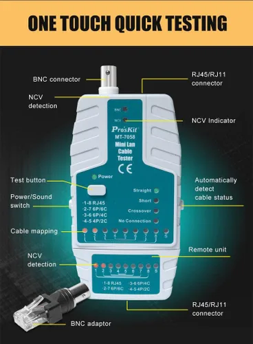 Miniatura 3 de Pro'sKit Tool Solutions MT-7058 Mini Probador de cables LAN RJ45, RJ-11/RJ-12, comprobador de cable BNC, detector de voltaje, compacto y ligero
