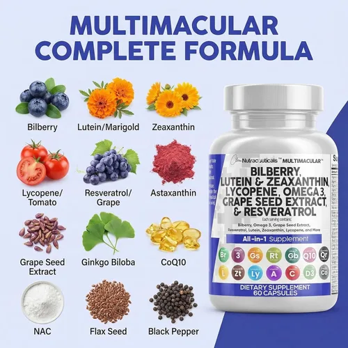 Miniatura 4 de Vitaminas oculares Clean Nutra con Bilberry, Luteína y Zeaxantina, Suplementos de Licopeno 40mg, Resveratrol, Semilla de Uva, Astaxantina