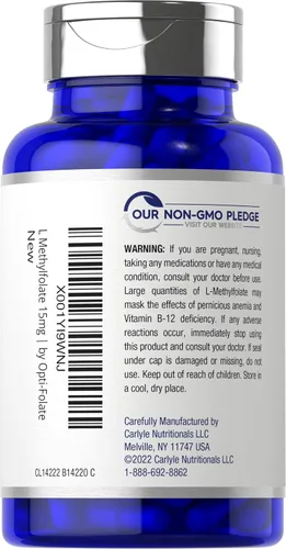 Miniatura 3 de Carlyle L Metilfolato 15mg 90 cápsulas Potencia máxima Optimizado y activado Sin OMG, sin gluten Folato de metilo, 5-MTHF por Opti-Folate