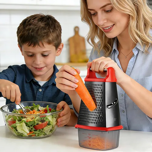 Miniatura 2 de Ourokhome Rallador de queso con asa, rallador de caja de acero inoxidable, triturador de verduras de cocina de 4 lados con recipiente para Couating