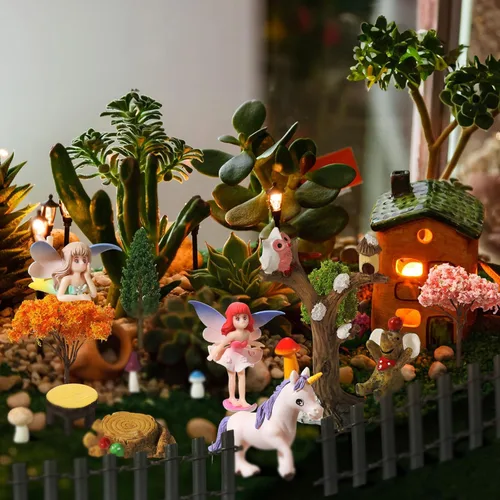 Miniatura 5 de Juego de 58 piezas de jardín en miniatura, diseño de flores, ángel, casa de hadas, animales, árboles, suministros de diorama, mini figuras