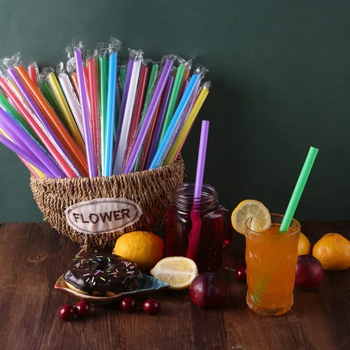Miniatura 5 de [Envueltas individualmente] 100 popotes desechables de plástico con puntas anguladas, popotes de plástico anchos y multicolores, sin BPA