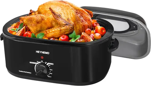 HEYNEMO Horno Tostador 24Qt, Horno Eléctrico para Pavo de 1450W con Buffet, Tapa de Autohilvanado, Asas de Tacto Frío, Bandeja y Parrilla Plateado