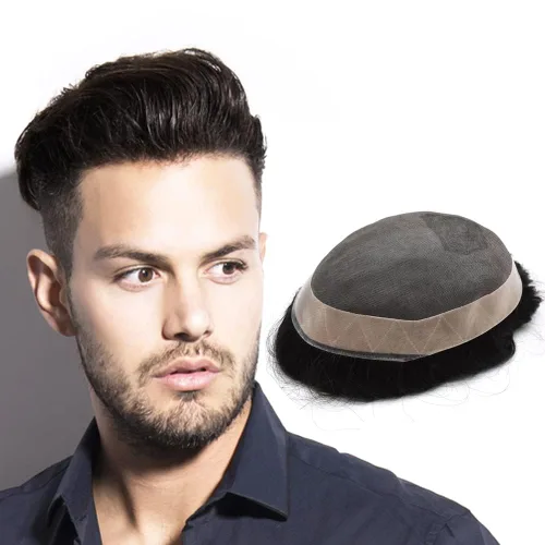 Miniatura 9 de Sistema de reemplazo de cabello tipo tupé para hombre, sistema de cabello humano real, piezas de cabello para hombre, protesis capilar para hombre