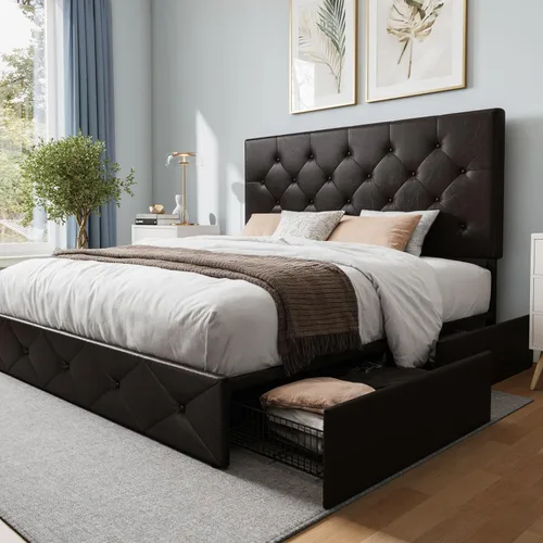 Miniatura 15 de WEEWAY Base de cama de plataforma tamaño Queen con 4 cajones de almacenamiento, cabecera capitonada con botones de puntada cuadrada, base de colchón
