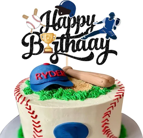 Miniatura 9 de Rsstarxi Paquete de 30 adornos para cupcakes de béisbol con trofeo con purpurina, jugadores de béisbol, pelota deportiva, decoración para temática