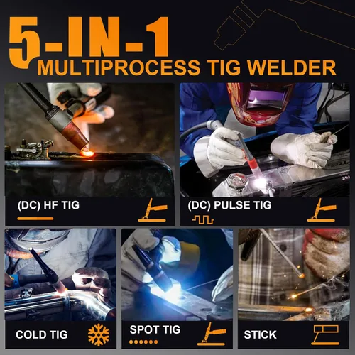 Miniatura 2 de AZZUNO Soldador TIG de 200 A con pulso frío, 5 en 1 DC HF TIG/TIG de pulso/TIG frío/TIG puntual/STICK, 110V y 220V de doble voltaje, soldador TIG