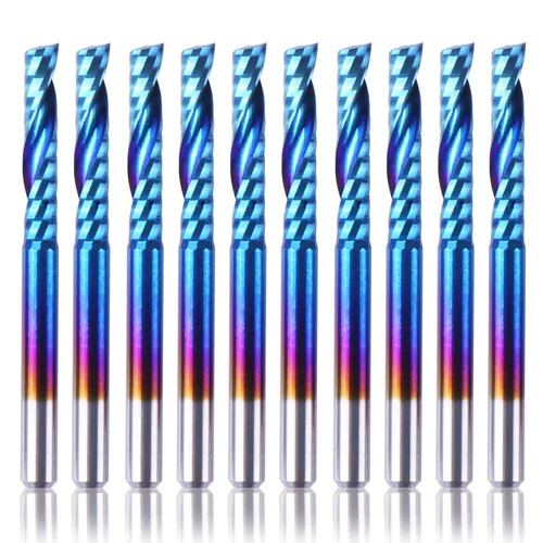 SainSmart Genmitsu - Juego de 10 fresas de punta plana con capa nano azul, fresadora CNC, vástago de 1/8 de pulgada, corte en espiral, 1 flauta