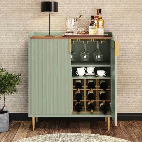 Miniatura 7 de ARTPOWER Aparador Buffet con Textura Acanalada, Gabinete Moderno de Barra de Café con Estante para Vinos y Cajones, Gabinete Negro de Licor