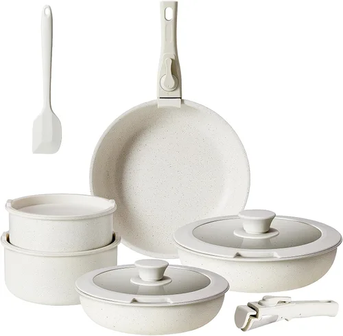 Sweetcrispy Juego de 12 piezas de ollas y sartenes, juego de utensilios de cocina antiadherente de inducción con mango desmontable, apto para