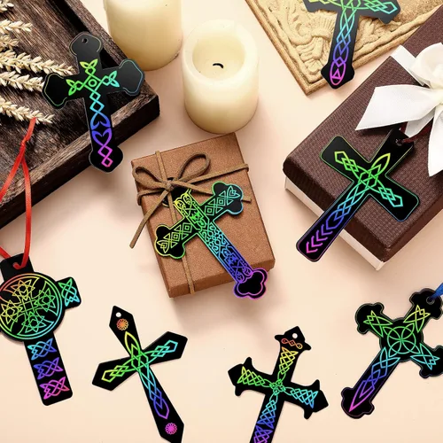 Miniatura 3 de Chivao 80 piezas de adornos de cruz para rascar, kit de manualidades de color arcoíris, papel de arte para rascar, regalos cristianos, kits