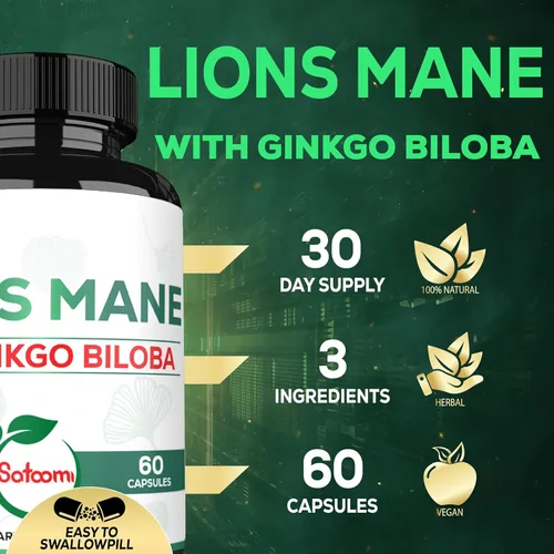 Miniatura 3 de Satoomi Suplemento de melena de león con ginkgo biloba, 60 cápsulas, extra fuerte para una mente reparadora, salud cerebral, sistema inmunológico