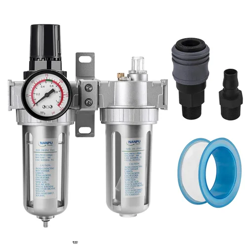 NANPU 1/2" NPT Regulador de presión de filtro de aire Lubricador Kit de medidor de secador de agua/aceite Separador de trampa 3 en 1 Unidad gemela