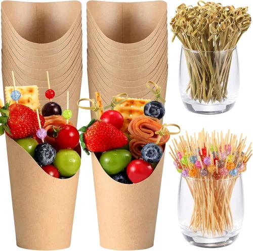 Juego de tazas de charcutería de 12 onzas, 100 tazas con 200 púas de coctail, soporte para papas fritas y brochetas de nudo de bambú, kit de