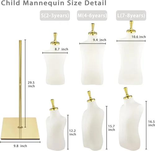 Miniatura 3 de Maniquí de forma de vestido para niños, maniquí ajustable para niños con soporte de metal dorado de alta estabilidad para exhibición de ropa, 2-3