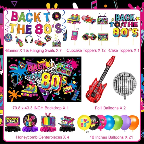 Miniatura 2 de Las decoraciones de fiesta de los años 80 incluyen telón de fondo, pancarta, espirales colgantes, globos de aluminio y látex, adornos para pasteles
