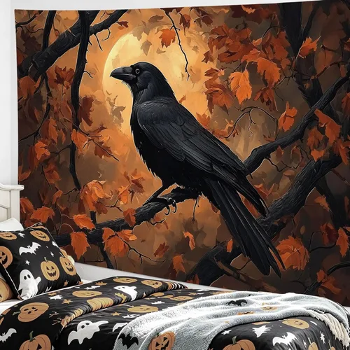 Miniatura 24 de HVEST Tapiz de noche de Halloween, tapiz para colgar en la pared, bosque embrujado con tumba y calabazas, manta de pared para dormitorio, sala