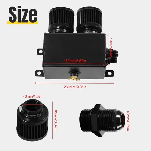 Miniatura 2 de Universal Aluminio 10AN 1.2L Twin Baffle Dual Filter Motor Oil Catch Can Tanque con 2 filtros de aire Depósito de captura de aceite Tanque de lata