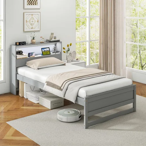 Miniatura 3 de Giantex Base de cama individual con cabecera de almacenamiento, plataforma de madera con estación de carga y luz LED, cama individual con soporte
