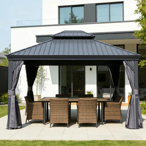 Miniatura 45 de Domi - Cenador de techo rígido de 8 x 8 pies con malla y cortinas, cenador para exteriores con techo doble de acero galvanizado para patio, césped