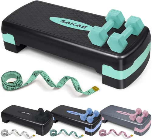 Miniatura 8 de Juego de Step Aeróbico con Mancuernas y Cinta Métrica, Altura Ajustable con Elevadores de 2 Niveles, Plataforma de Step para Ejercicios
