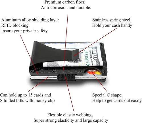 Miniatura 4 de Billetera de fibra de carbono con clip para dinero de metal, bloqueo RFID, minimalista, de aluminio, delgado, para tarjetas de crédito, Negro