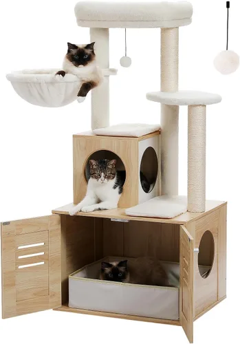 MUTTROS Árbol para gatos con caja de arena, árbol moderno de 50 pulgadas para gatos grandes y gordos con condominio para gatos, muebles de madera