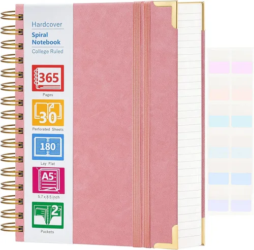 Miniatura 22 de Cuaderno de espiral, cuaderno de cuero de tapa dura de 365 páginas, diario encuadernado de gran tamaño A5 para mujeres y hombres, cuadernos rayados