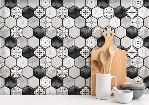 Miniatura 5 de MOSAICOWALL Azulejos autoadhesivos para salpicaduras (juego de 10 azulejos) (negro y blanco)