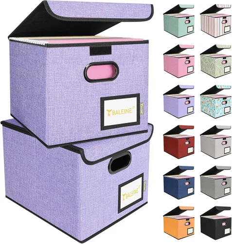 Miniatura 16 de Caja organizadora de archivos Baleine con tapa, organizador de carpetas de archivos plegable con deslizador de plástico, caja de carpetas