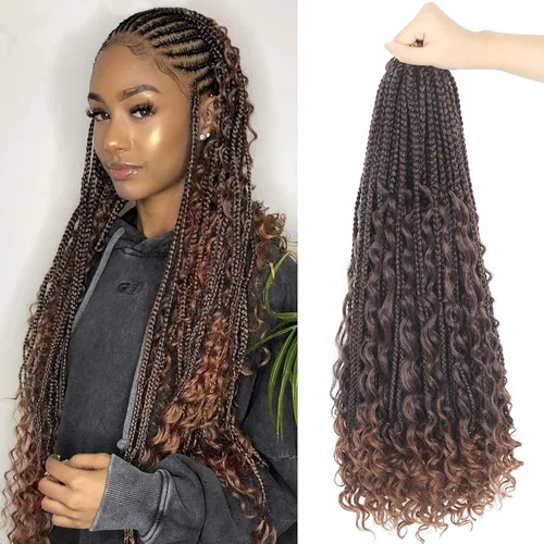 Miniatura 51 de Goddess Box Braids - Trenzas de cabello a ganchillo con extremos rizados, trenzas de caja bohemianas de 16 pulgadas, trenzas de ganchillo, 8 1B-4-30