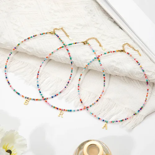 Miniatura 6 de JIGIGIJ Collares con iniciales de cuentas coloridas para niñas, adolescentes, regalos hechos a mano, personalizados, de acero inoxidable chapado