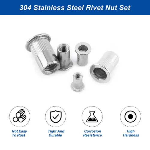Miniatura 4 de Tuercas remachadoras de 1/4"-20 – 50 tuercas remachables de acero inoxidable, tuerca de inserción de cabeza plana con cuerpo moleteado