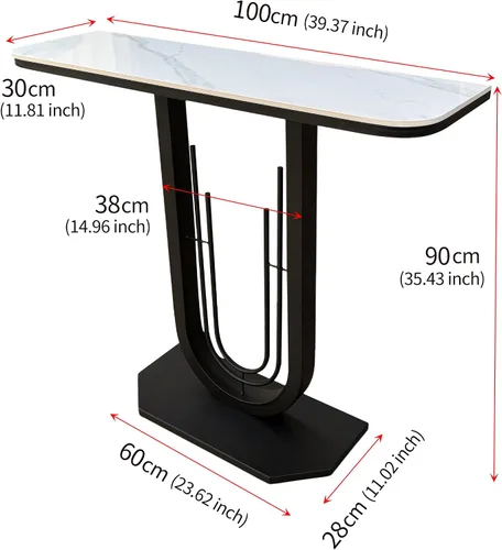 Miniatura 3 de Mesa consola rectangular estrecha de 39.37 pulgadas con parte superior de mármol, elegante mesa de entrada moderna, marco de metal en forma redonda