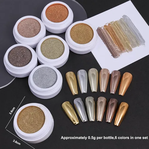 Miniatura 2 de Juego de polvos de uñas cromados metálicos, 6 colores, espejo de cobre mágico, polvo cromado para uñas, purpurina holográfica, dorado, plateado
