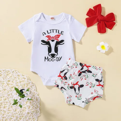 Miniatura 2 de Conjunto de 3 piezas de ropa occidental con estampado de vaca de manga corta para bebé y niña, conjunto de 0 a 24 meses