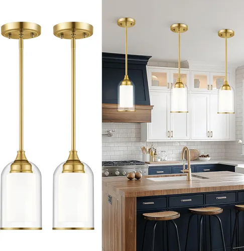 Miniatura 8 de LIROUVET Luces Colgantes Doradas para Isla de Cocina - Lámpara Colgante de Cristal Doble, Luz Colgante de 1 Luz con Cristal Transparente y Lechoso