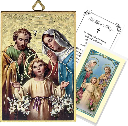 Placa católica con imagen de la Sagrada Familia, tarjeta de oración laminada, oración del Señor, lámina dorada, imagen de la Sagrada Familia,