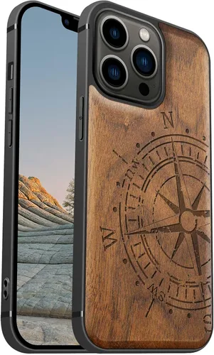 Miniatura 19 de Carveit Funda magnética de madera para iPhone 13 [madera real dura y TPU suave] Funda protectora híbrida de madera única y elegante a prueba