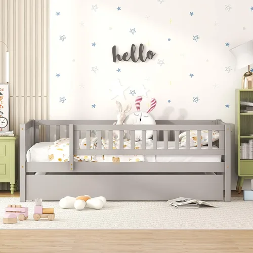 Miniatura 3 de Base de cama de tamaño individual con barandillas nido y valla para niños, adolescentes y adultos, soporte de listones de madera, no necesita Gris