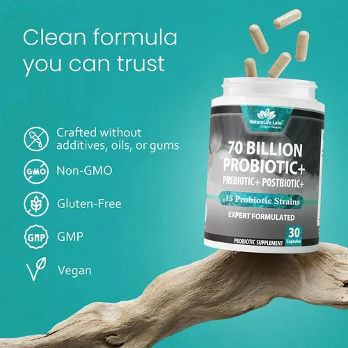 Miniatura 7 de NaturaLife Labs Probióticos 70 mil millones de CFU – 15 cepas con prebiótico y postbiótico orgánico – Fórmula 3 en 1 – 30 cápsulas veganas