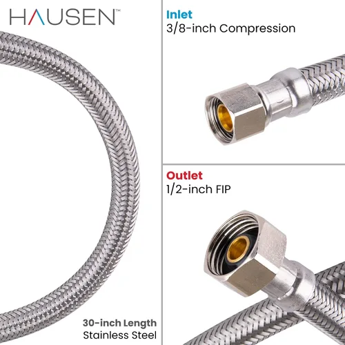 Miniatura 5 de Hausen Conector de grifo de acero inoxidable de 30 pulgadas 3/8 pulgadas C x 1/2 pulgadas FIP, línea de suministro de grifo, paquete de 2
