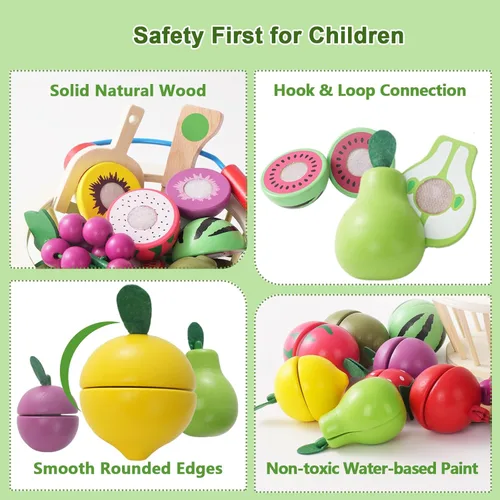 Miniatura 5 de Juguetes de madera para cortar frutas, juego de alimentos para cocina de niños, juego de frutas y verduras cortables, con cesta de picnic