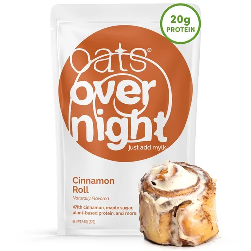 Oats Overnight Cinnamon Roll - Avena nocturna vegana con 20g de proteína, batido proteico de desayuno alto en fibra - Avena sin gluten, avena sin