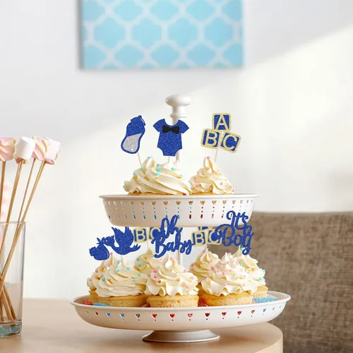 Miniatura 4 de 24 piezas de decoración para cupcakes de baby shower Oh Baby con moño, botella para niño, azul profundo, purpurina para pasteles, decoraciones