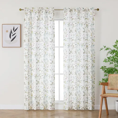 Miniatura 22 de Chyhomenyc Cortinas de mezcla de lino de 63 pulgadas de largo, 2 paneles de cortina con estampado floral filtrante de luz para sala de estar