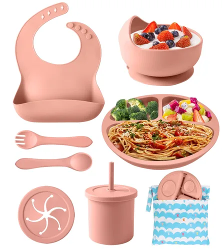 Miniatura 8 de ECLIP Juego de alimentación de silicona para bebés, 10 piezas de artículos esenciales para comer bebés con ventosa, plato dividido, babero Rojo