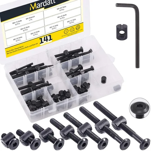 140 tornillos de cuna M6 Kit de repuesto de tornillos hexagonales negros, pernos de cuna y tuercas de barril, kit surtido de clavijas cruzadas