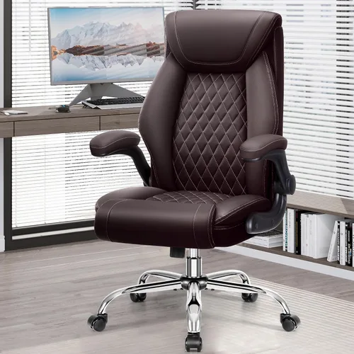 Silla de oficina, Silla de escritorio ergonómica de respaldo alto para oficina en casa, Silla de oficina grande y alta de cuero transpirable con Café