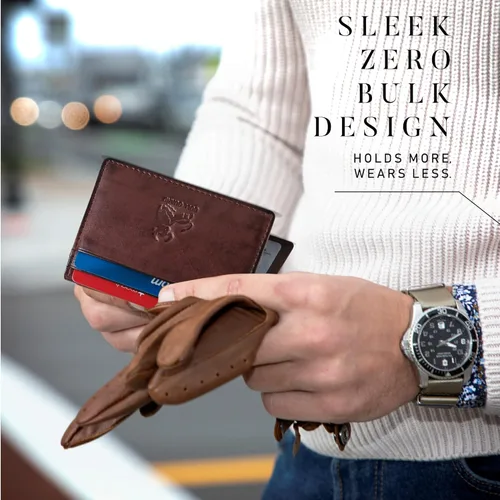 Miniatura 6 de BULL GUARD Cartera de cuero Rfid Los respetados caballeros plegables delgadas para hombres Bloqueo RFID seguro de viaje Cartera de cuero de grano